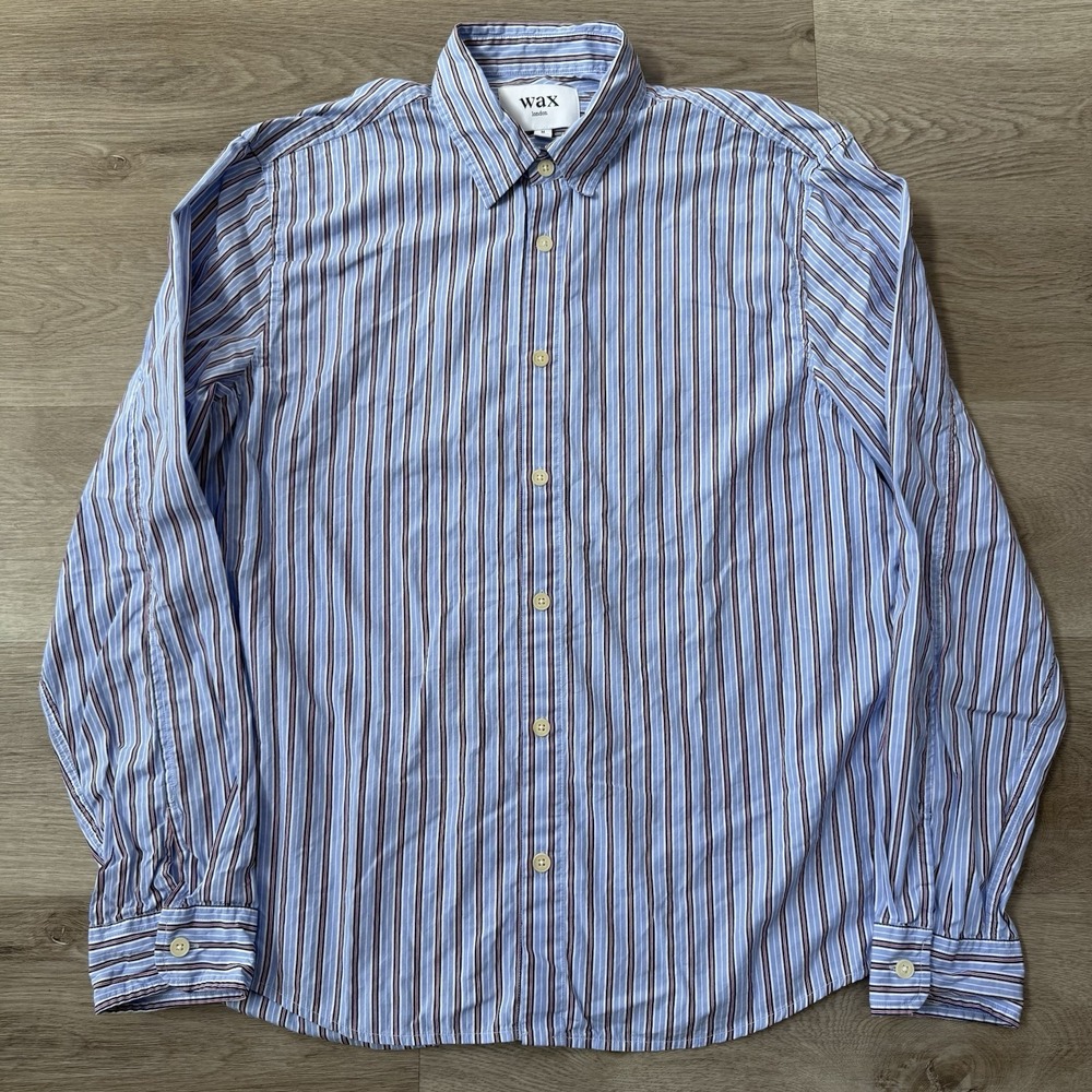 Wax London Trin Blue Stripe Button Shirt Mens M AW24 Cotton Poplin Long Sleeve